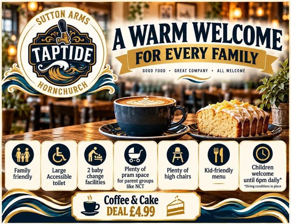 A warm welcome for every family: family friendly, large accessible toilet, 2 baby change facilities, plenty of pram space for parent groups like NCT, plenty of high chairs, kid-friendly menu, children welcome until 6pm daily (dining conditions in place). Coffee and cake deal £4.99.